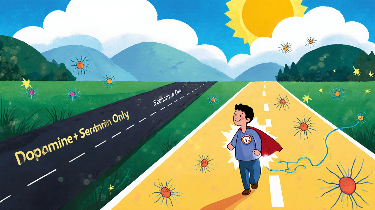 A brain landscape with two paths—one dark, one bright—showing a patient walking confidently toward energy and hope.