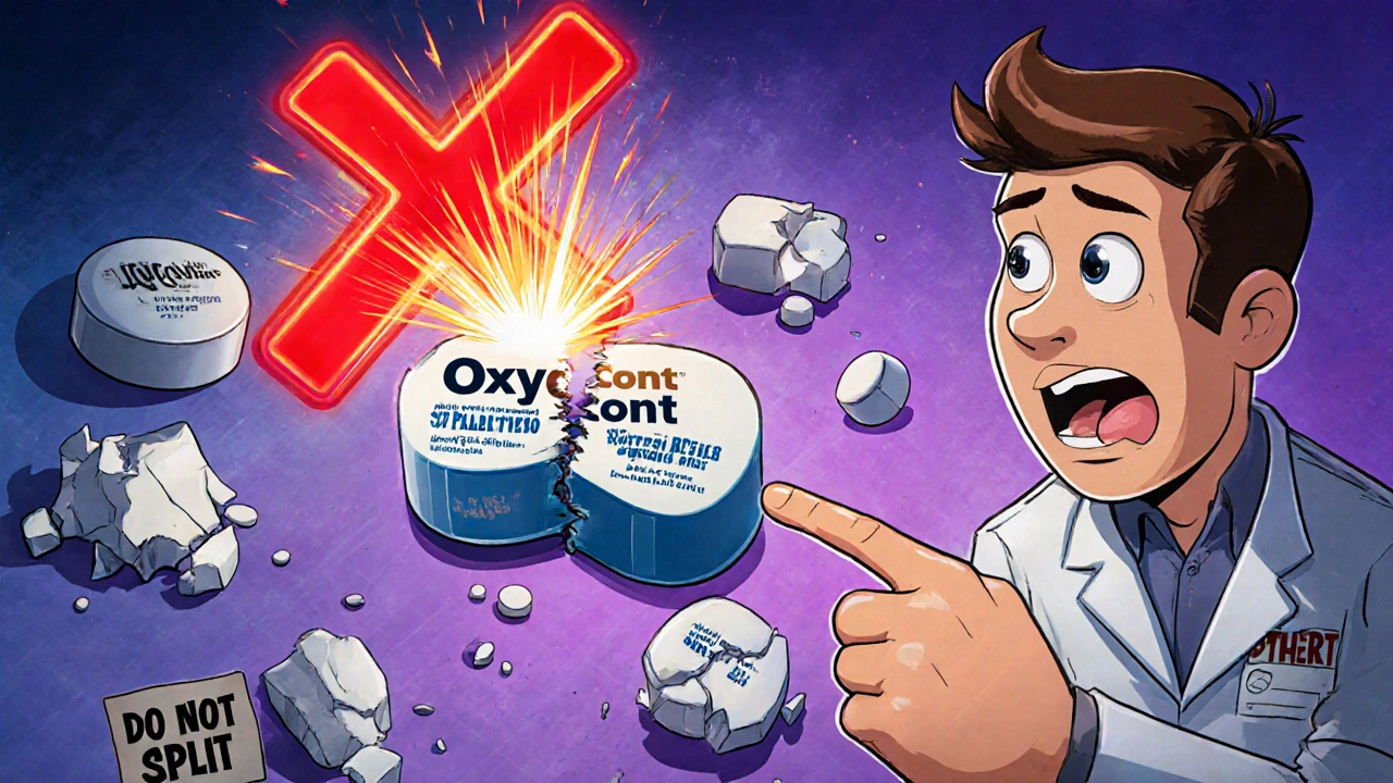 A dangerous red X over a split extended-release pill with energy bursts, while a pharmacist warns against splitting hazardous medications.