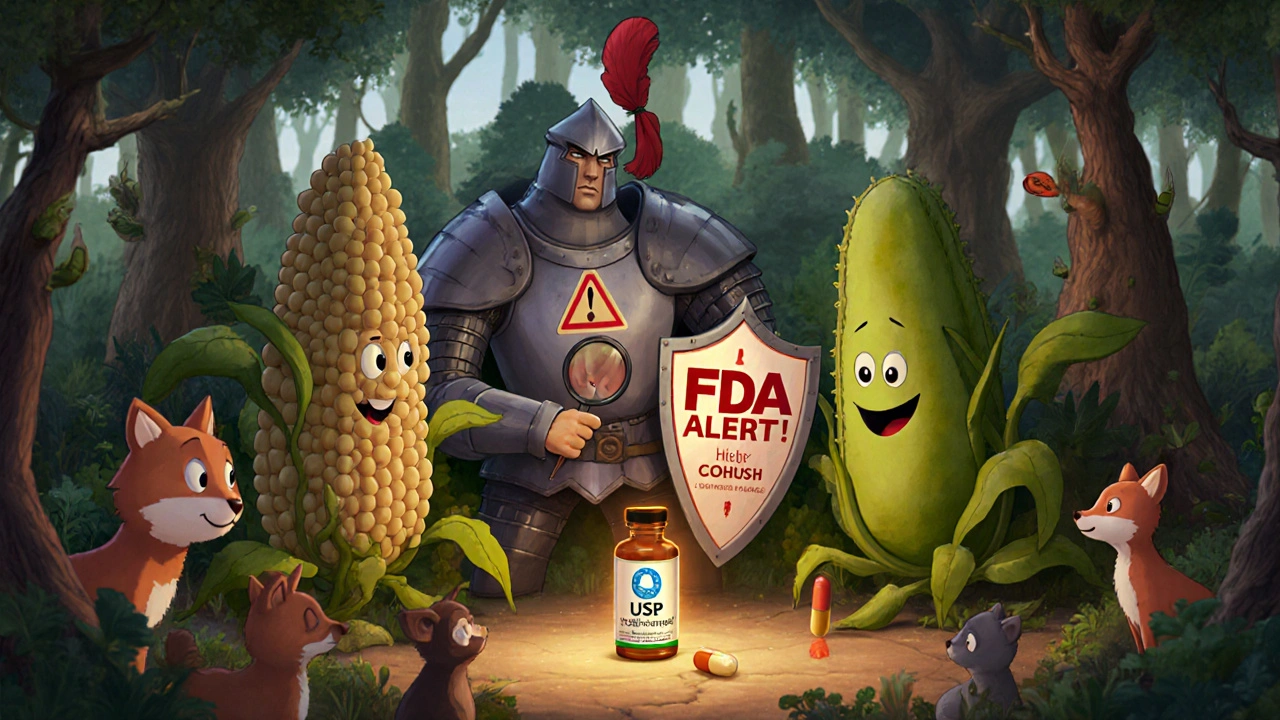 A forest of talking herbs beside a knight holding an FDA alert, with a safe USP-labeled capsule glowing nearby.