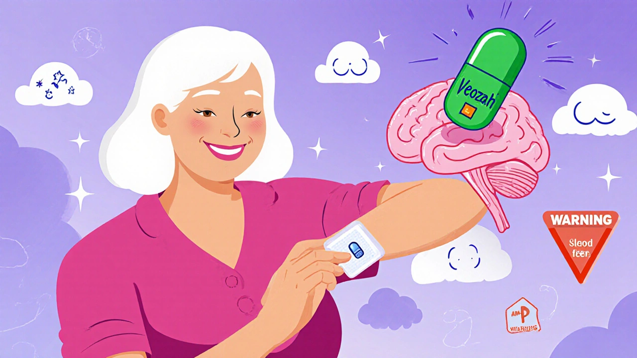 A woman applying an estradiol patch as a cartoon brain shrinks from a hot flash, with calm symbols around her.