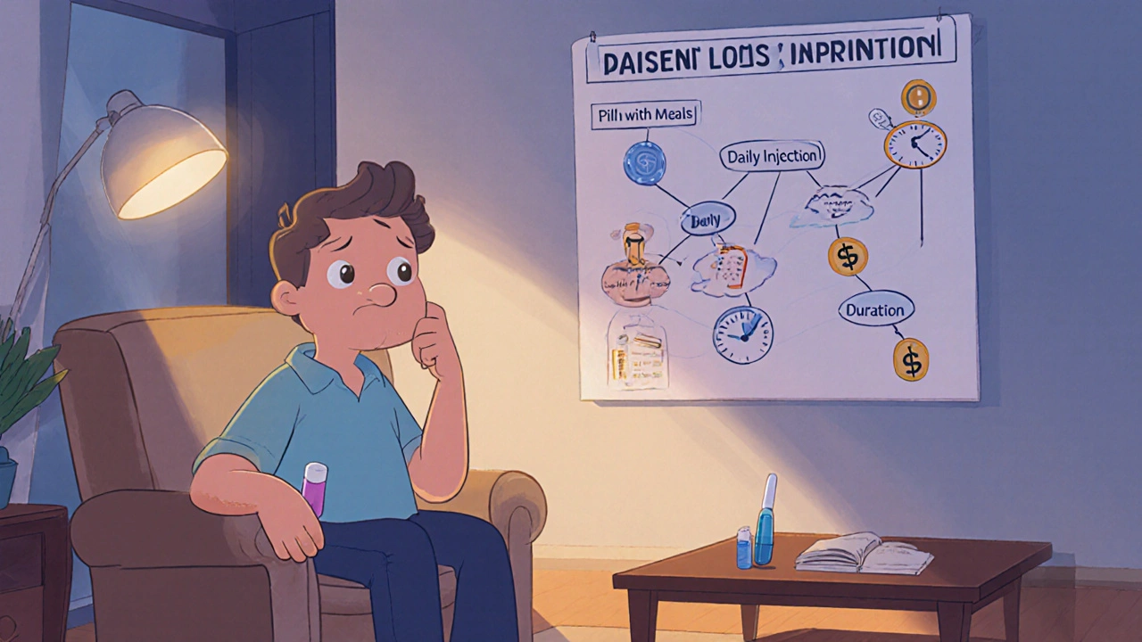 Adult holding a pill and injection pen, looking at a decision‑tree poster in a cozy living room.