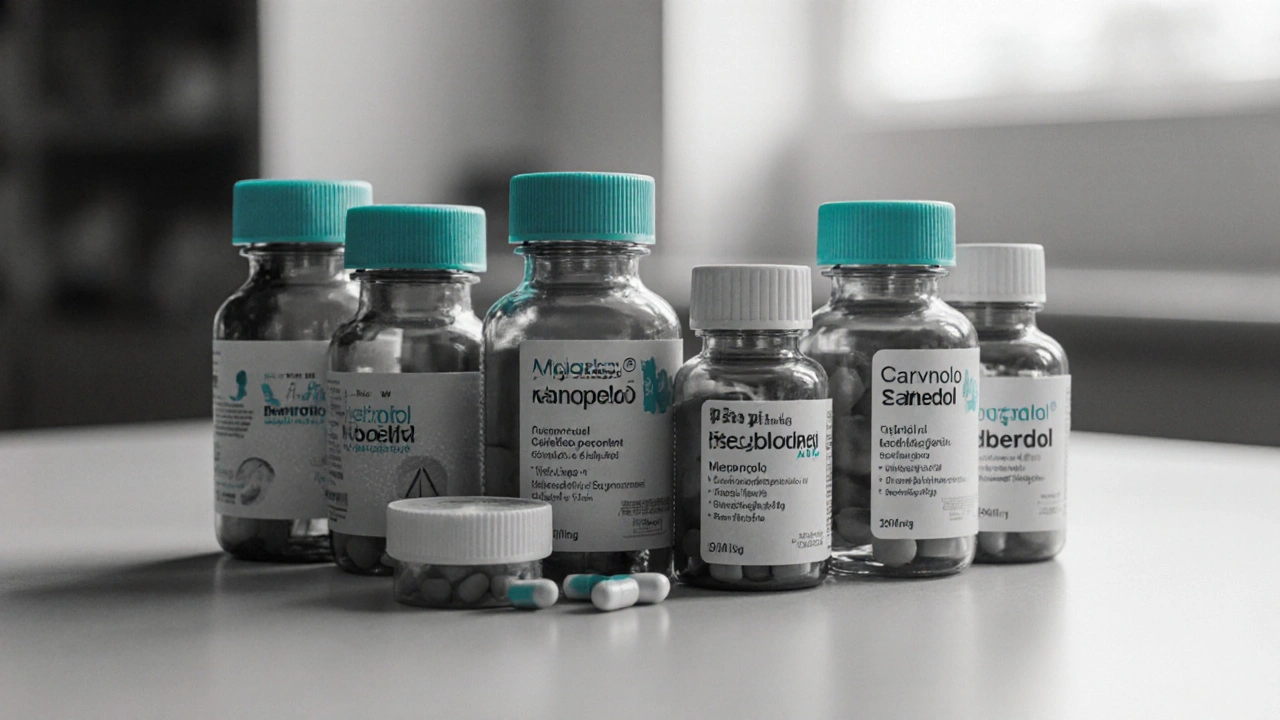 Assorted beta‑blocker pill bottles displayed on a pharmacy counter with teal accents.