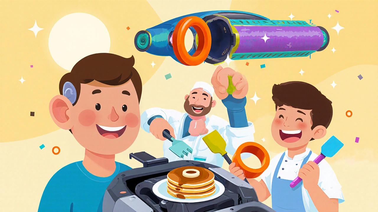Cartoon collage of medical ear, car seal, kitchen spatula, and dual‑cure silicone part.