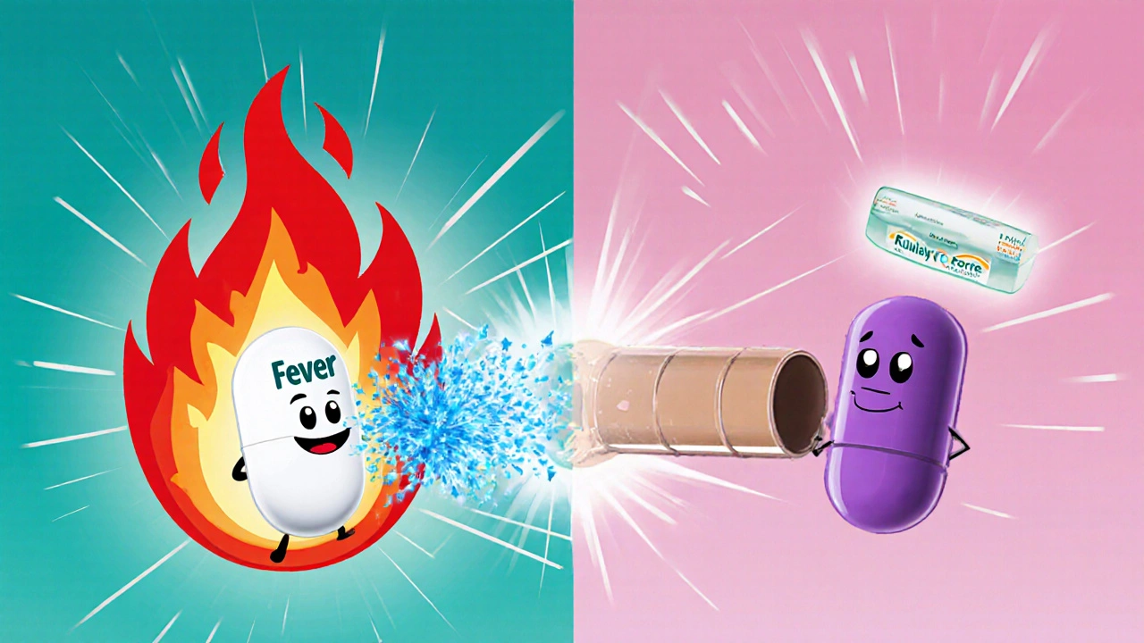Cartoon illustration of paracetamol and phenylephrine fighting fever and congestion.
