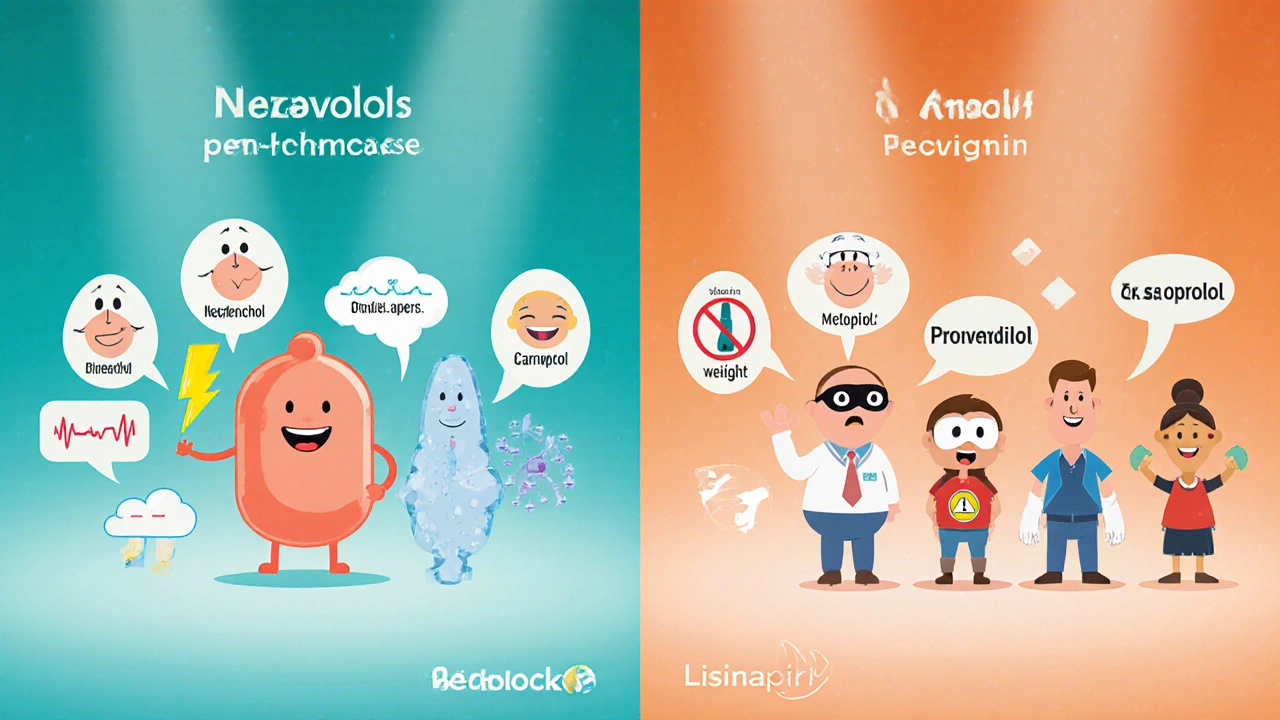 Cartoon split‑screen showing Nebivolol and other beta‑blockers with their side‑effect icons.