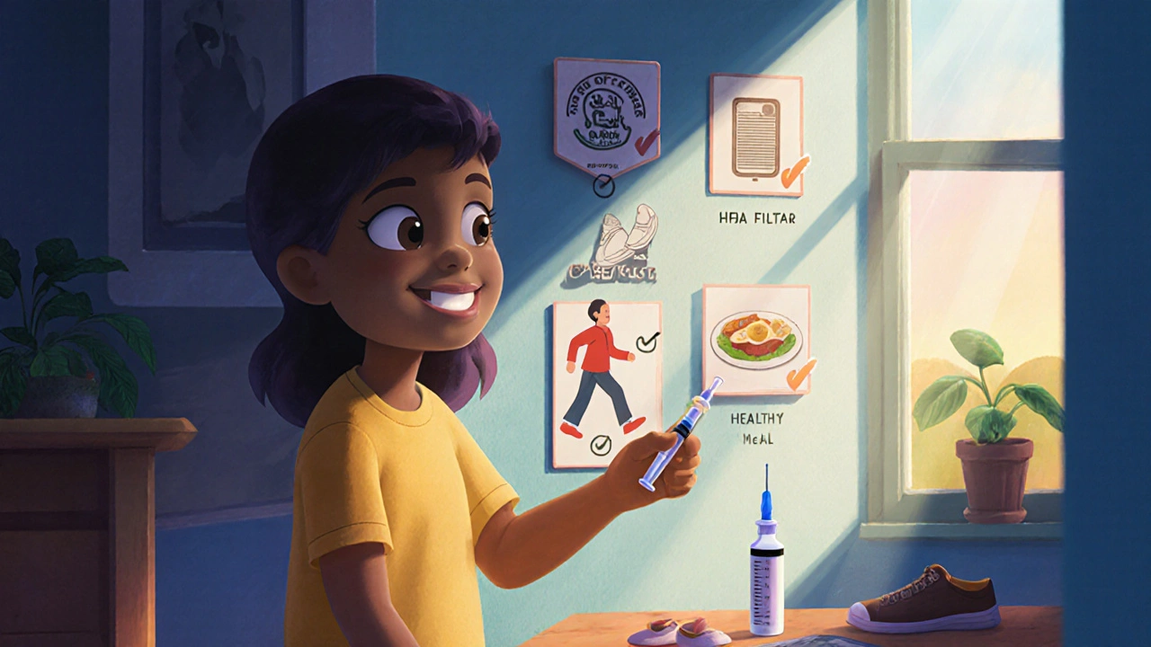 Character checks off visual health icons in a bright, cozy living room.