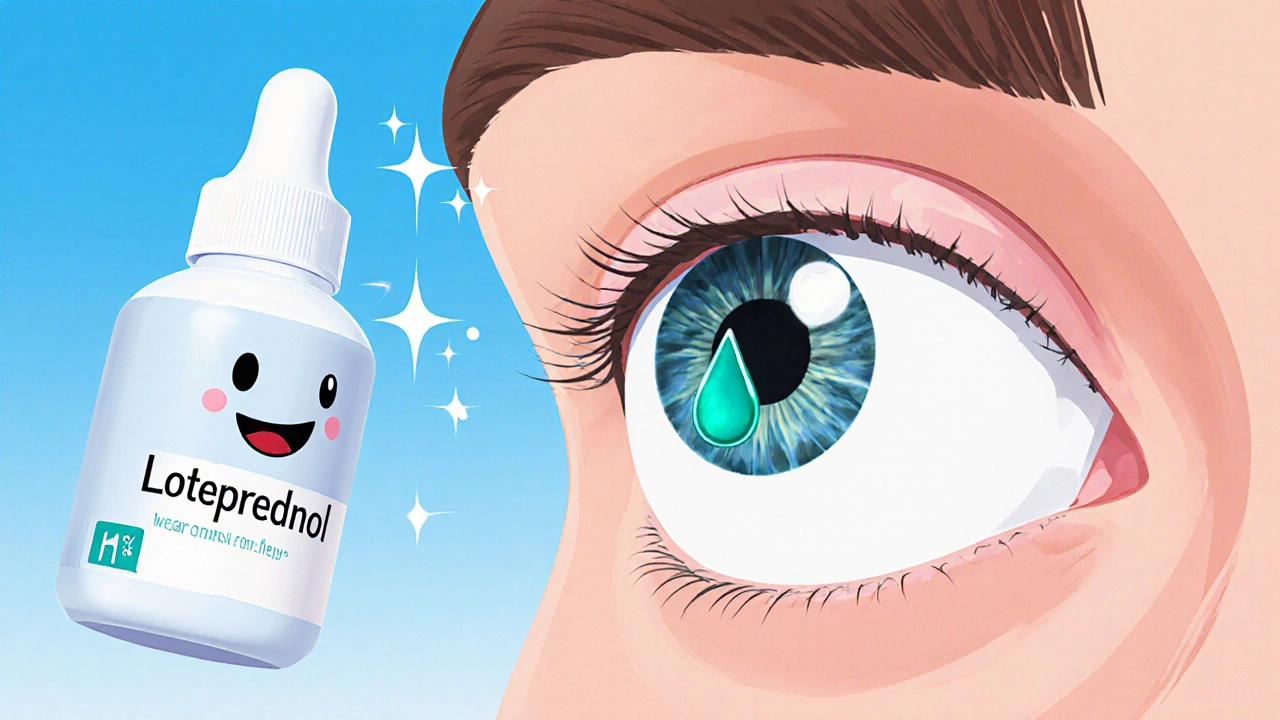 Close-up of an eye receiving a teal loteprednol drop from a smiling bottle.