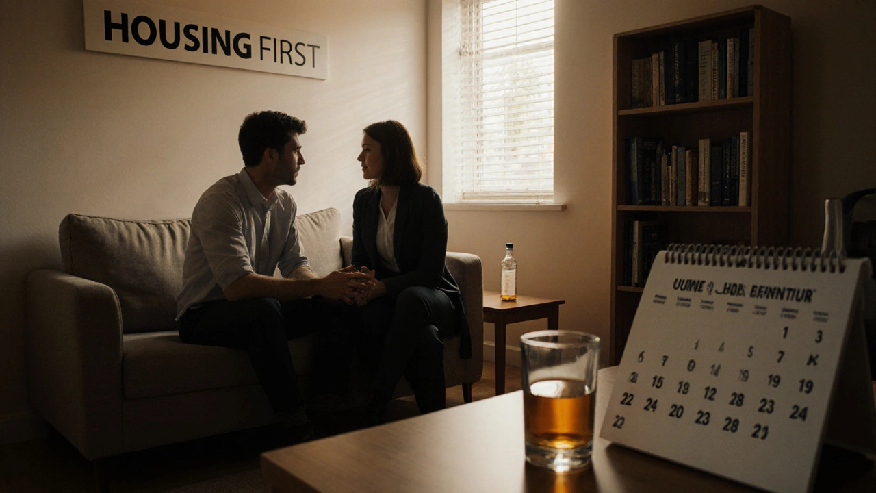 Cozy flat with counseling session and managed alcohol program, representing Housing First.