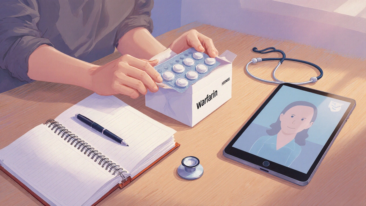 Customer opening package to reveal blister pack of warfarin tablets beside a medication diary.