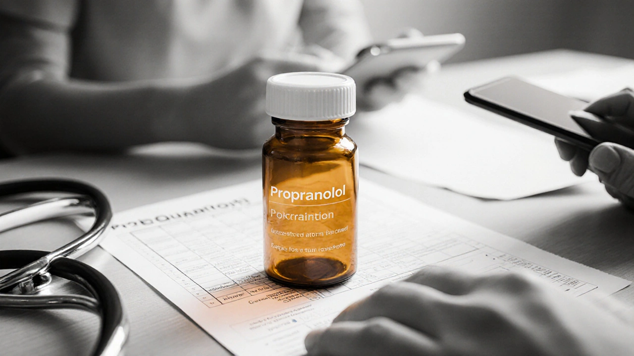 Doctor examining patient data, holding a propranolol vial with amber glow.