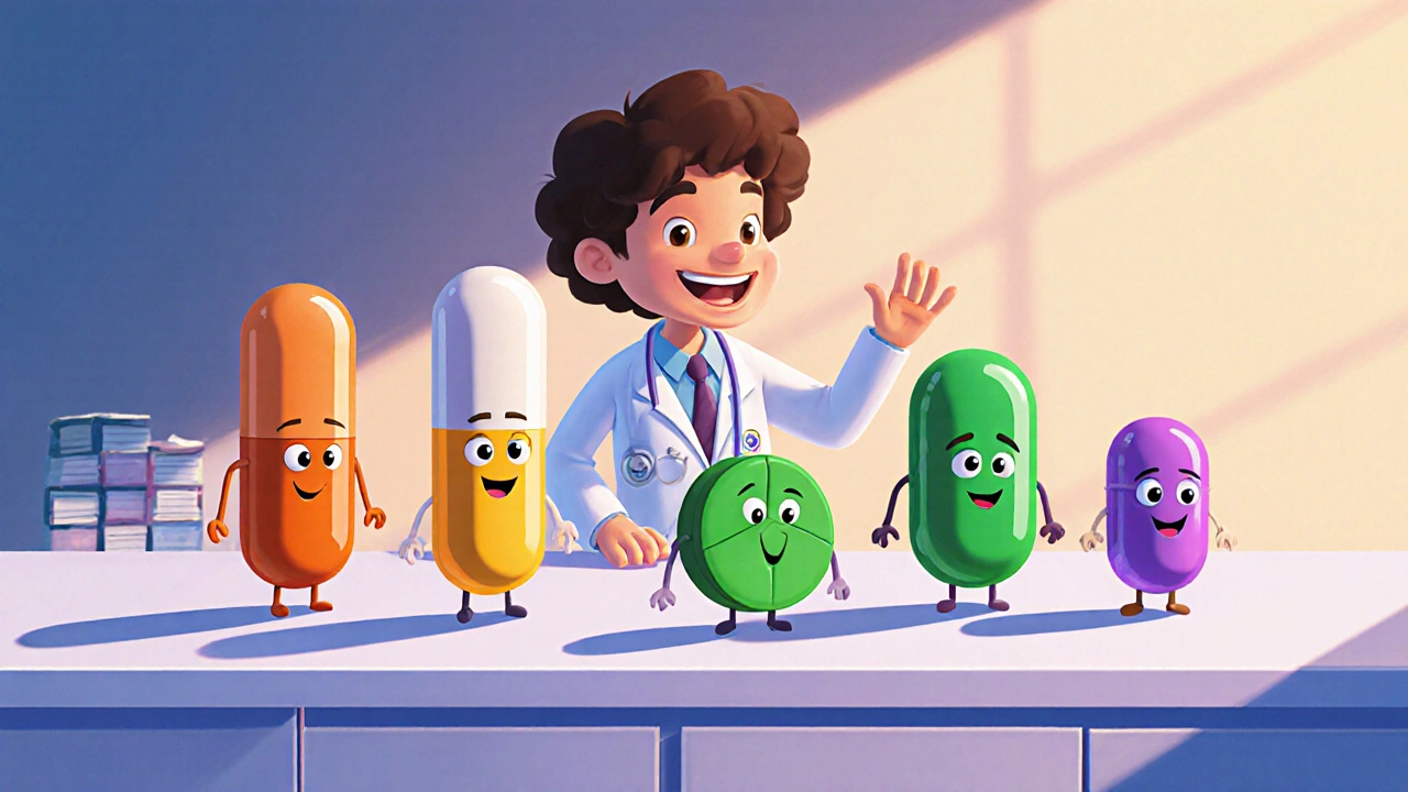 Doctor surrounded by colorful pill characters discussing medication options in a friendly cartoon.
