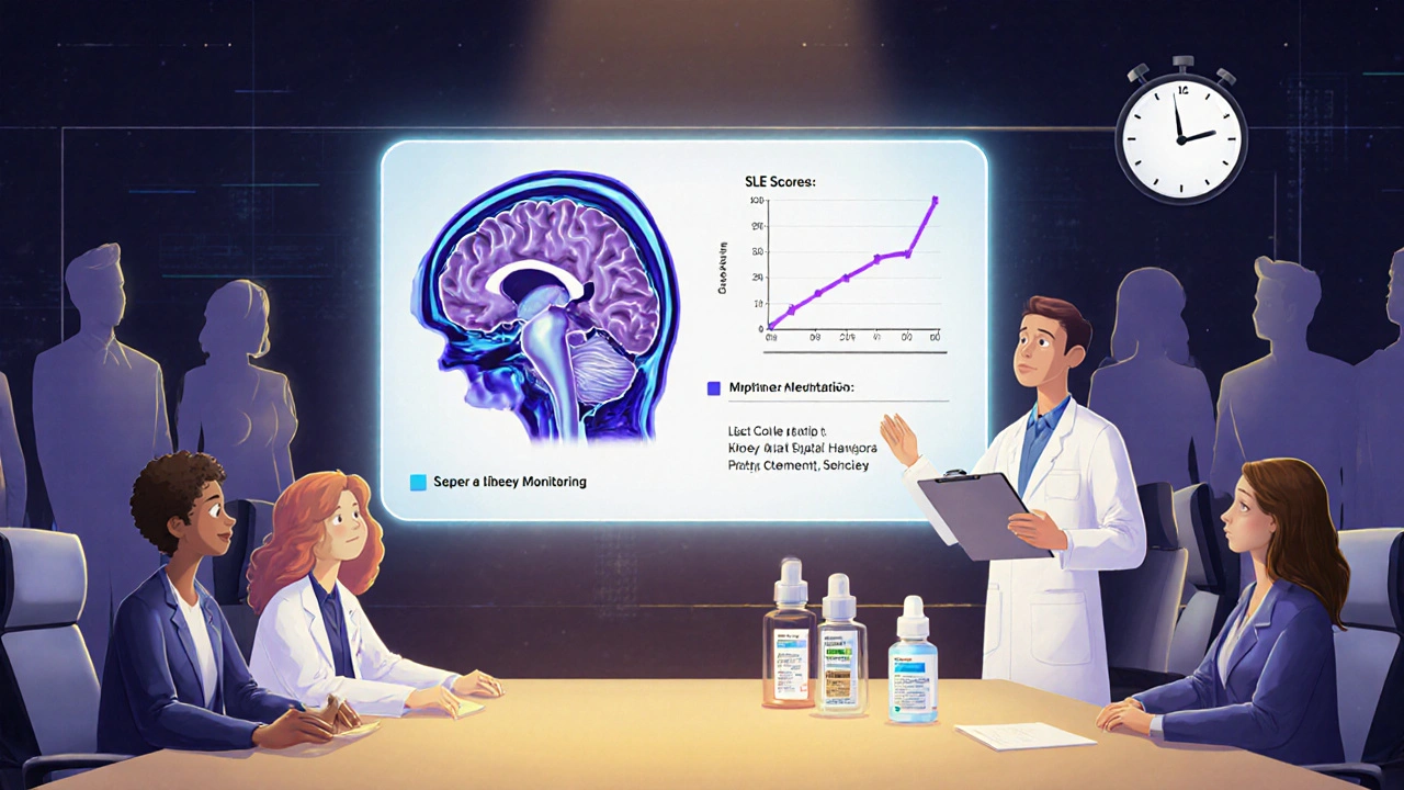 Doctors reviewing holographic screen showing MRI improvement and methoxsalen gel.