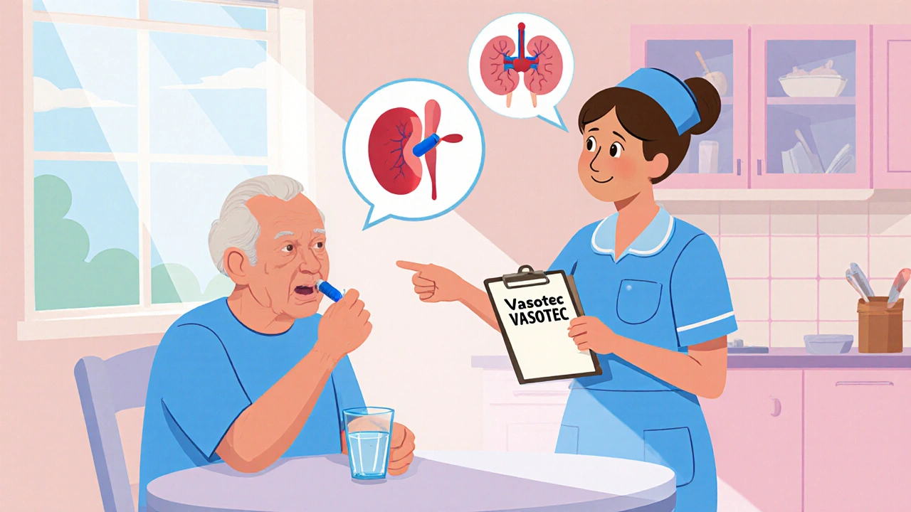 Elderly patient taking a pill while a nurse monitors heart and kidney health in a bright kitchen.