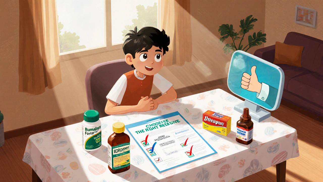 Family weighing medication options with a checklist and a pharmacist advisor.