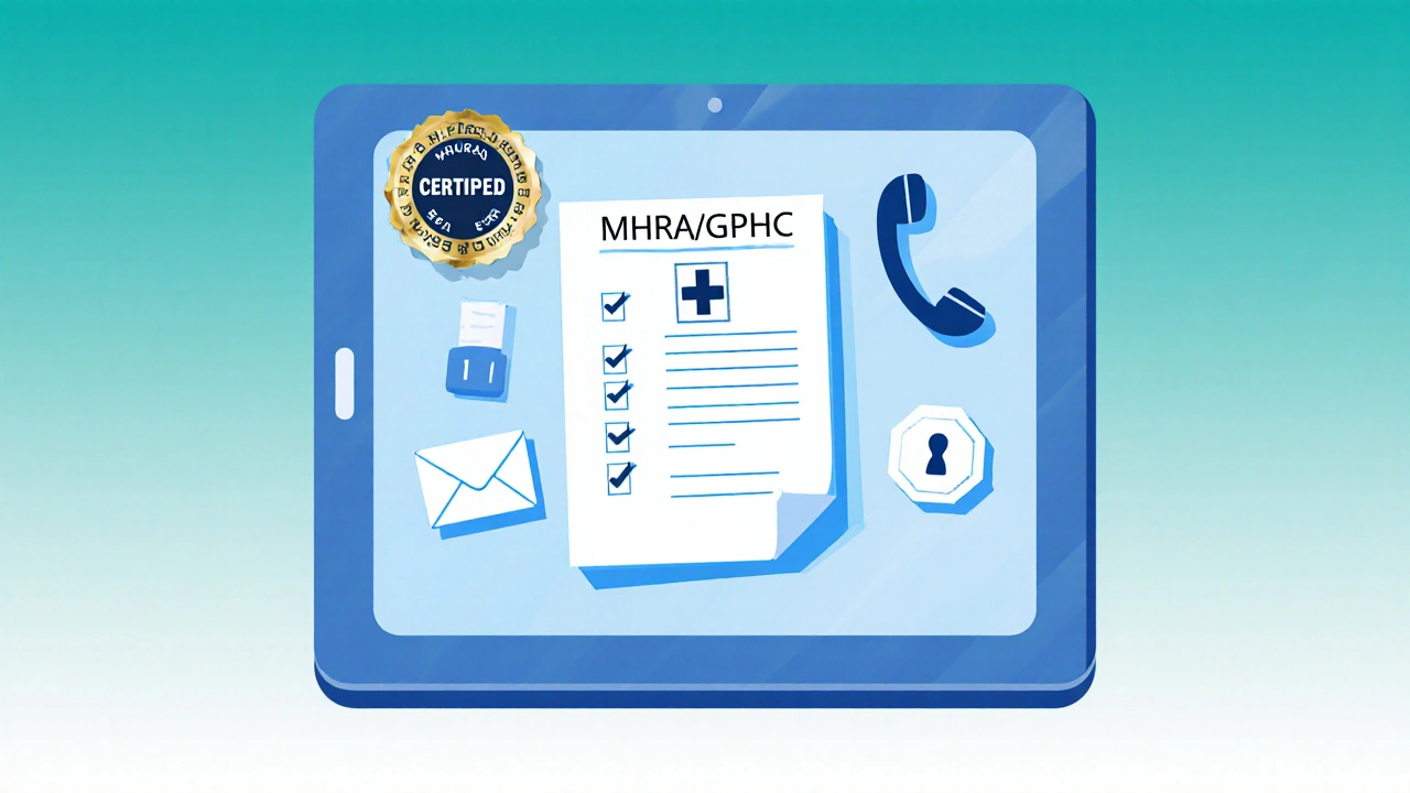 Flat‑design icons illustrating verification steps for an online pharmacy.