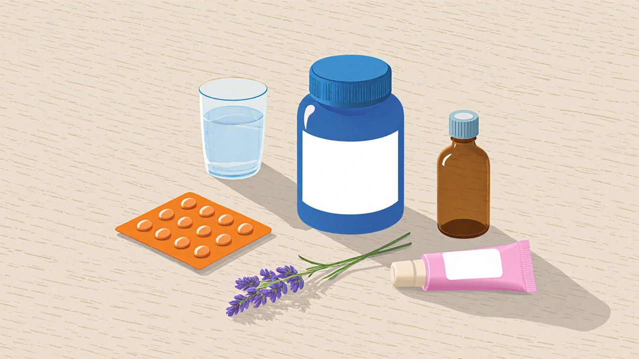 Flat‑lay of pill bottle, blister pack, cream tube, and amber bottle representing urinary drugs.