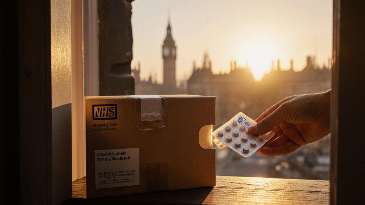 Hand opening a sealed delivery box on a doorstep, revealing a pack of generic celecoxib tablets.