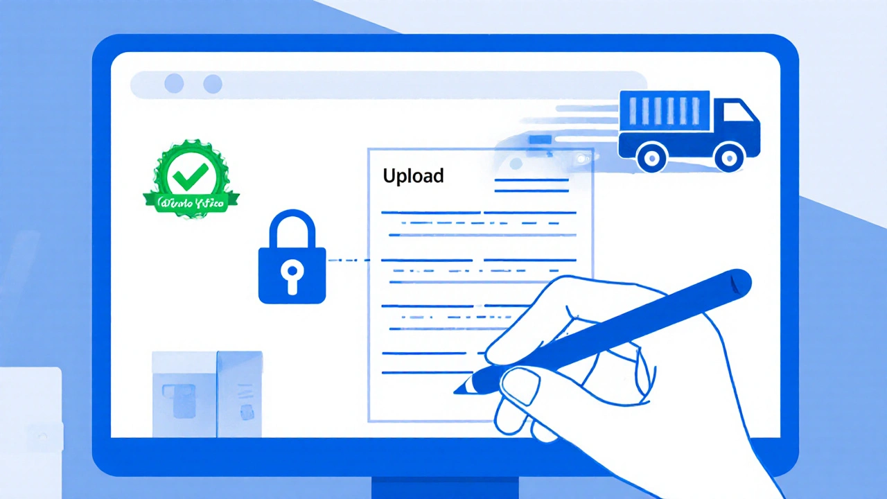 Hand uploading prescription on secure site with padlock icon and shipping box nearby.