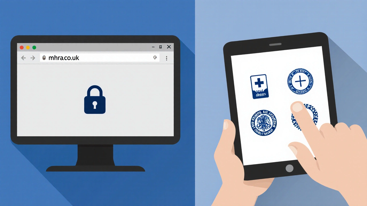 Hand verifying secure website and medical registration icons on screens.