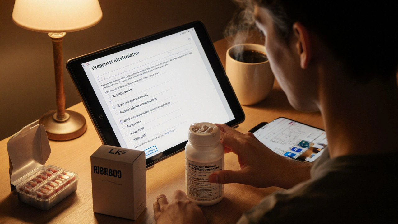 Home desk scene with a person ordering Lipitor, a delivery box, and a pill bottle.