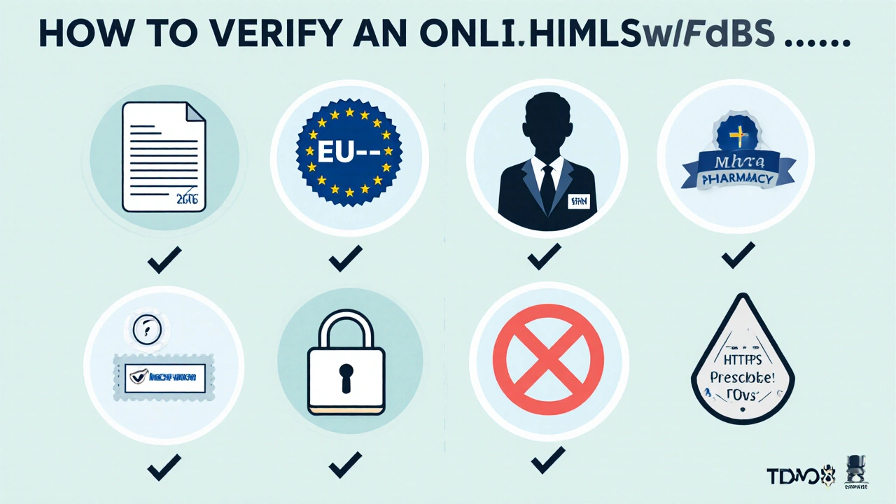 Illustrated checklist showing steps to verify a legitimate online pharmacy.