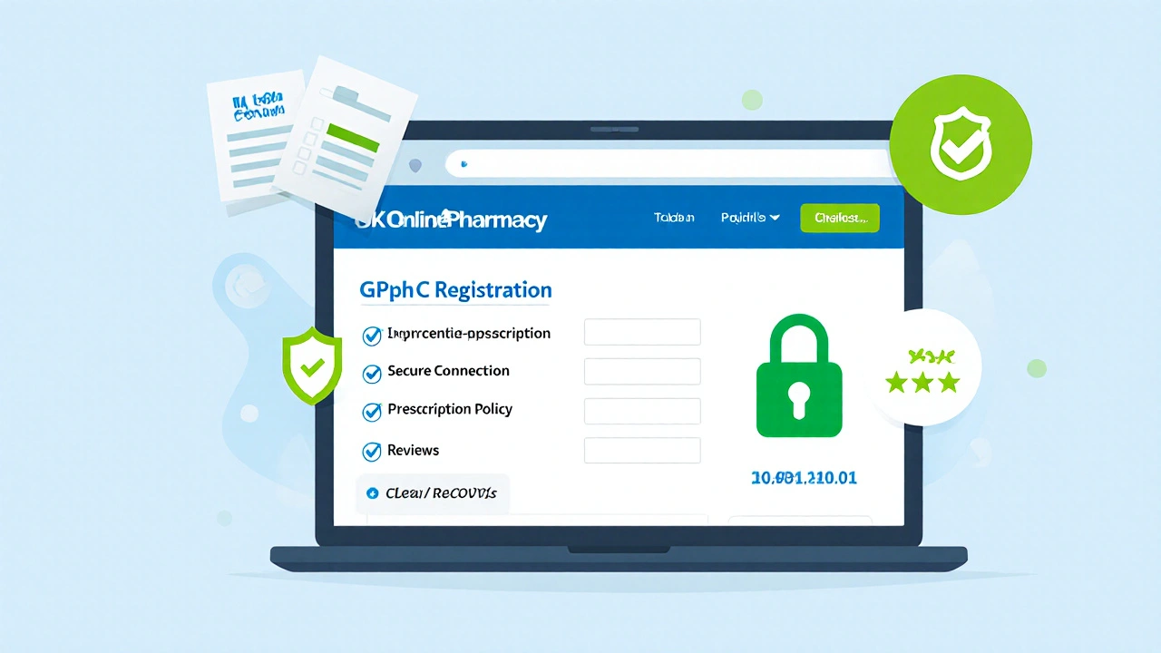 Illustration of a laptop showing a secure UK pharmacy website with checklist icons.