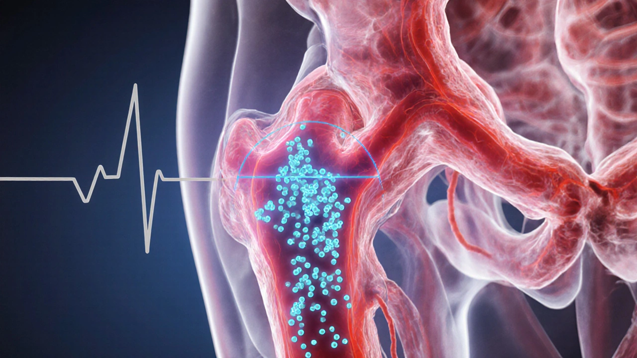Illustration of penis arteries dilating with glowing cGMP particles indicating sildenafil action.
