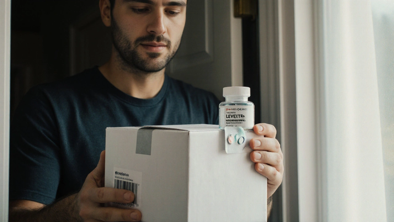 Man opening discreet package showing authentic generic Levitra tablets.