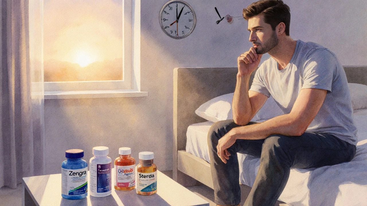 Man sitting on a bed with pill bottles on a nightstand, sunrise light suggesting medication choices.
