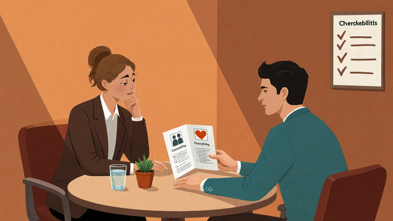 Manager and employee in a warmly lit room discussing confidential support with a checklist.