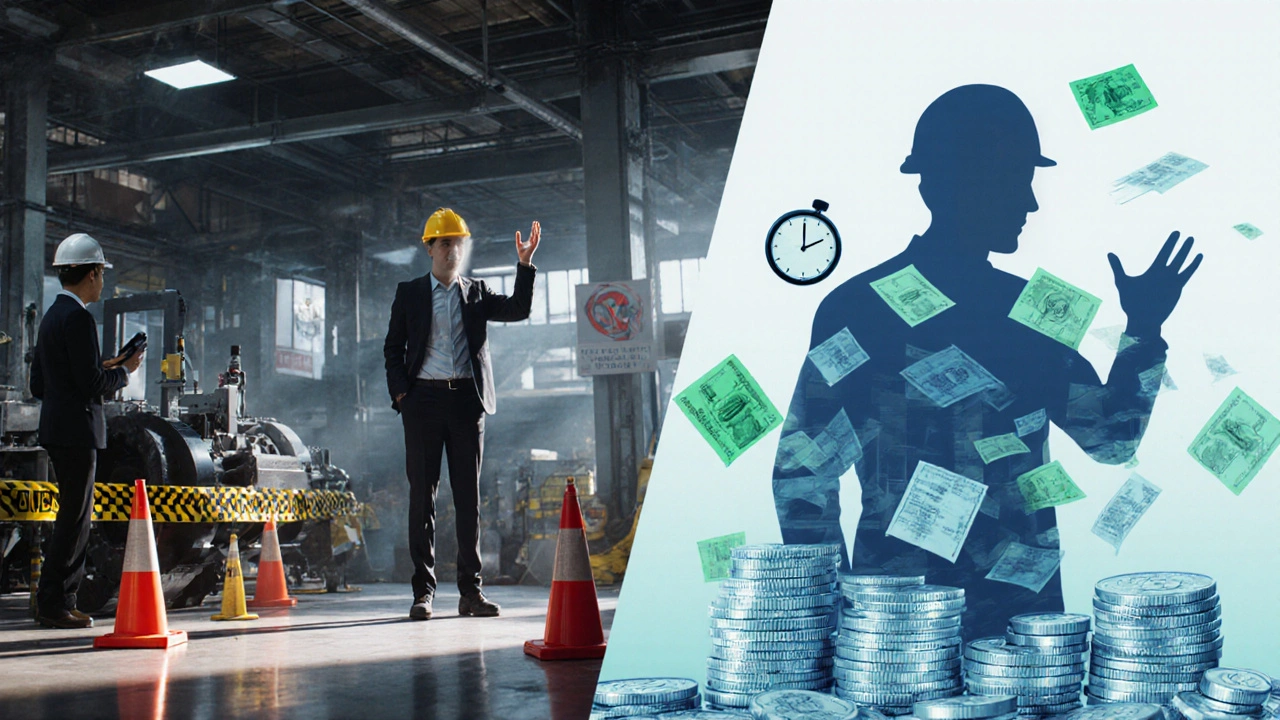 Manufacturing floor with a worker appearing unsteady beside floating coins representing financial loss.