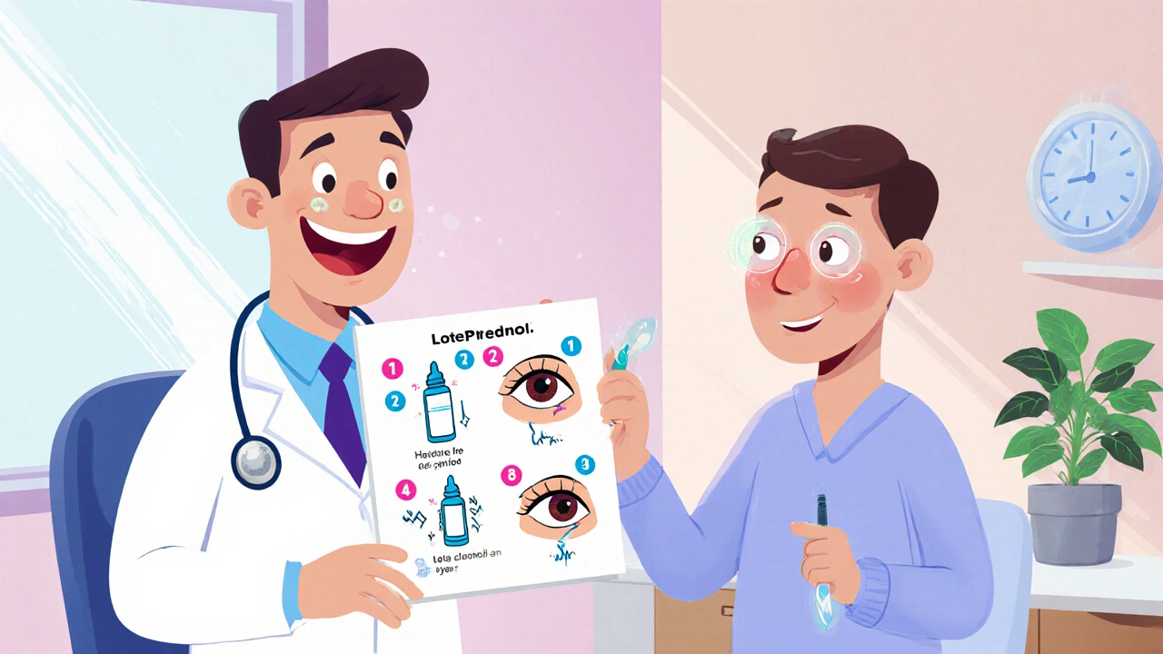 Optometrist showing a patient the step‑by‑step process for applying eye drops.
