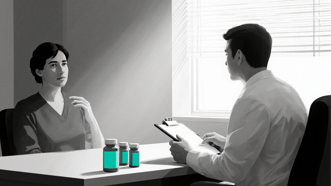 Patient and doctor discussing pill bottles on a desk with subtle teal highlight on Indomethacin.