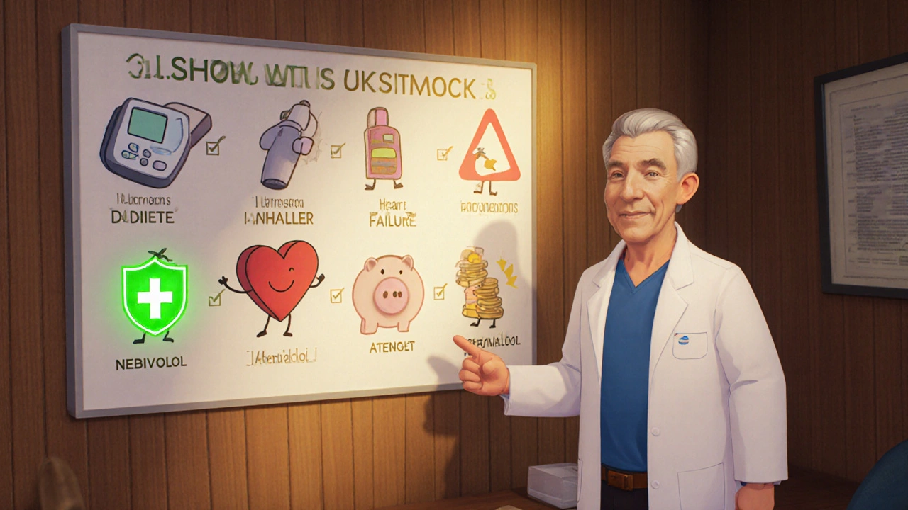 Patient reviewing a checklist with cartoon drug mascots for diabetes, asthma, heart‑failure, and cost.