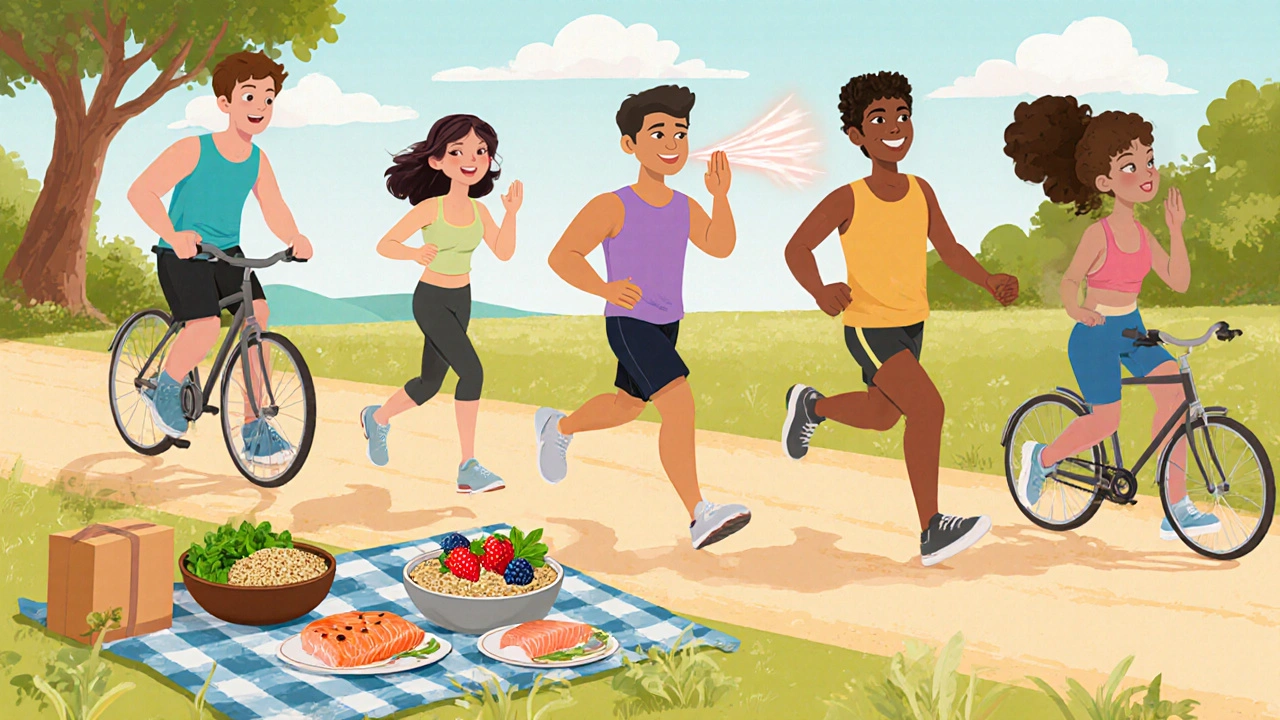 People walking, cycling, and breathing exercises beside a picnic of healthy foods.