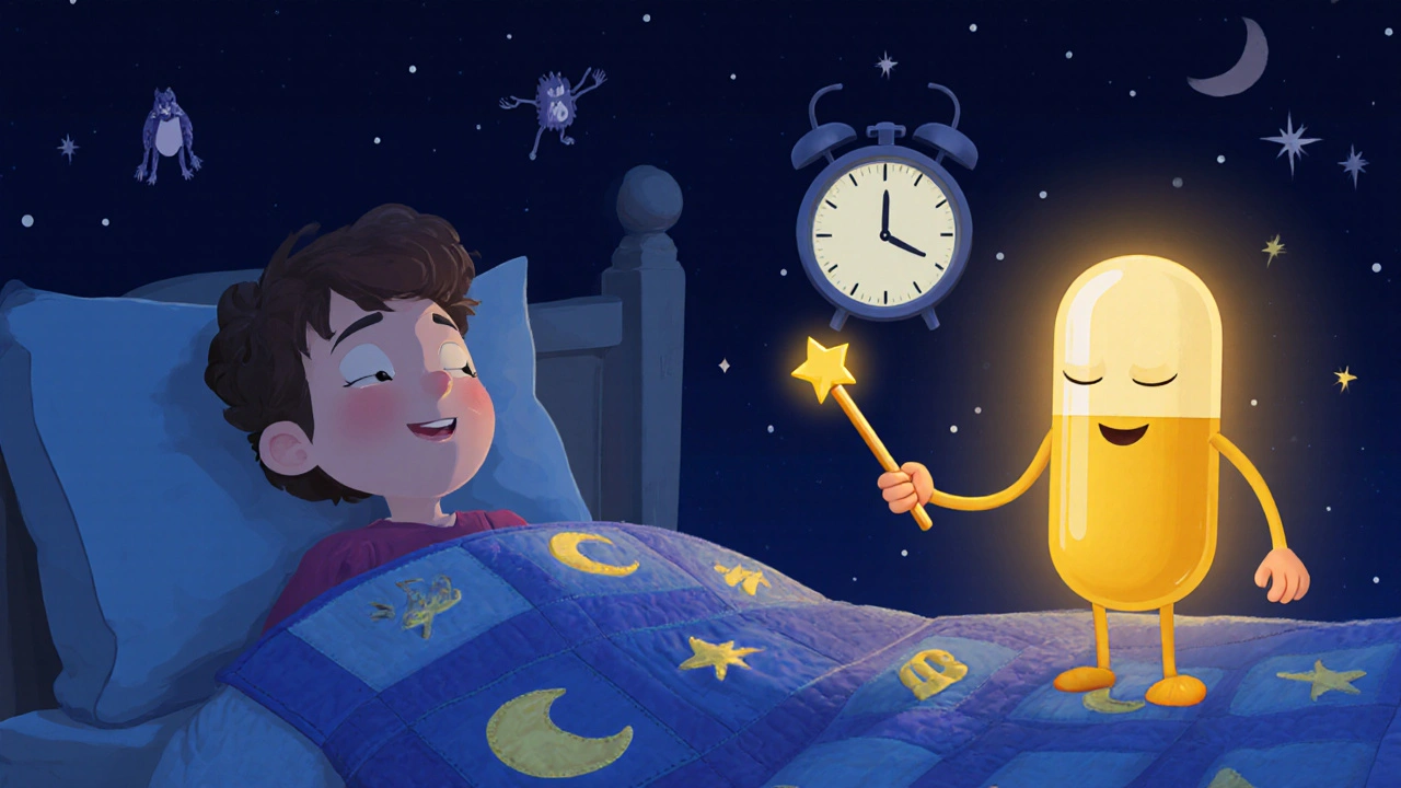 Person sleeping peacefully as a warm mirtazapine pill pushes away insomnia creatures, with melatonin moons and a 8 p.m. clock.