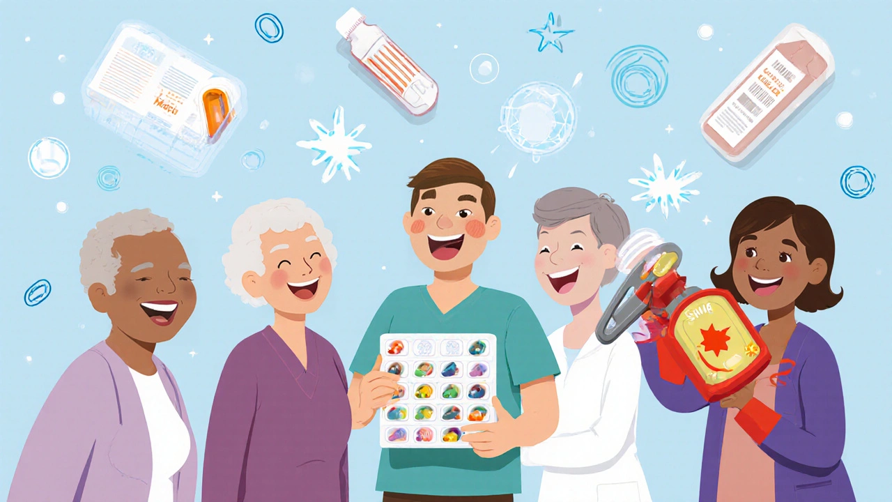 Seniors and caregivers smiling beside a pill organizer with liquid meds and soluble films, symbolizing safe alternatives to splitting pills.