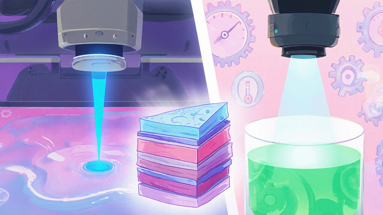 Side‑by‑side cartoon of SLA laser scanning and DLP light projection curing silicone.