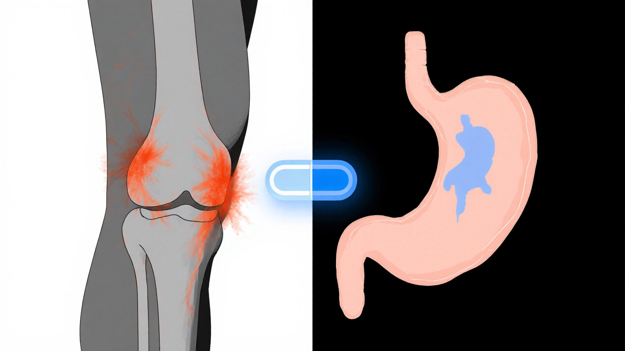Split image of inflamed knee joint and stomach ulcer with a translucent Indomethacin tablet between them.