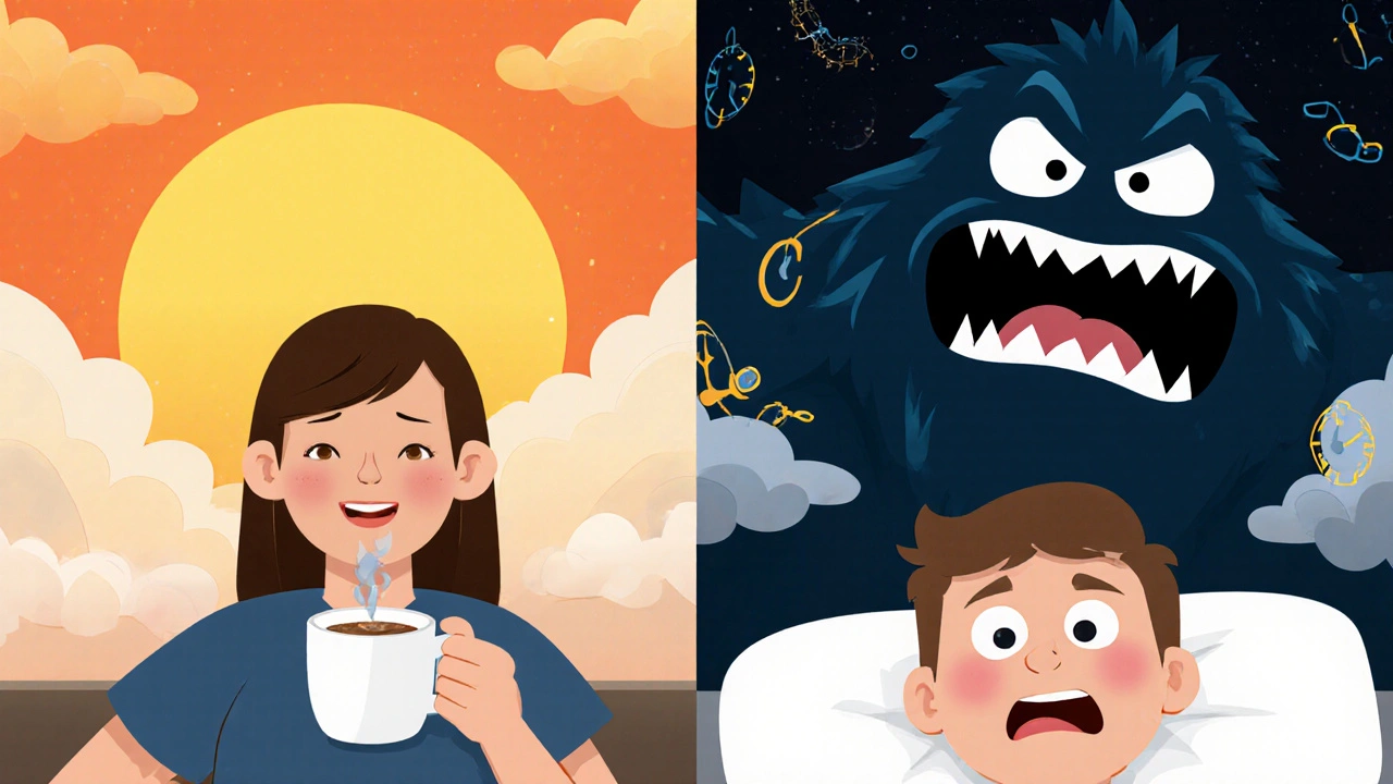 Split scene: one person taking antidepressant in morning with sunshine, another taking it at noon surrounded by chaos and insomnia monster.