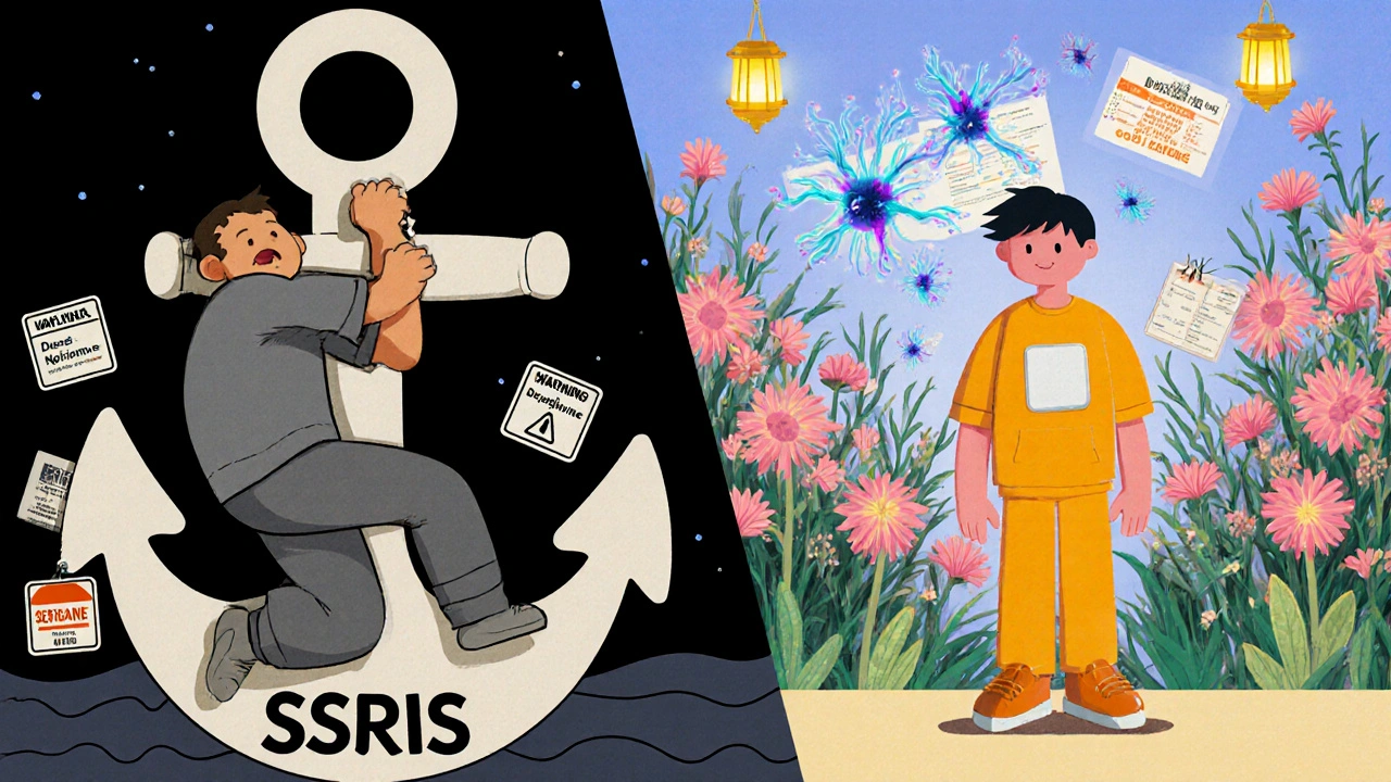 Split scene: one side shows depression with heavy anchors and food restrictions, the other shows freedom and a blooming garden.