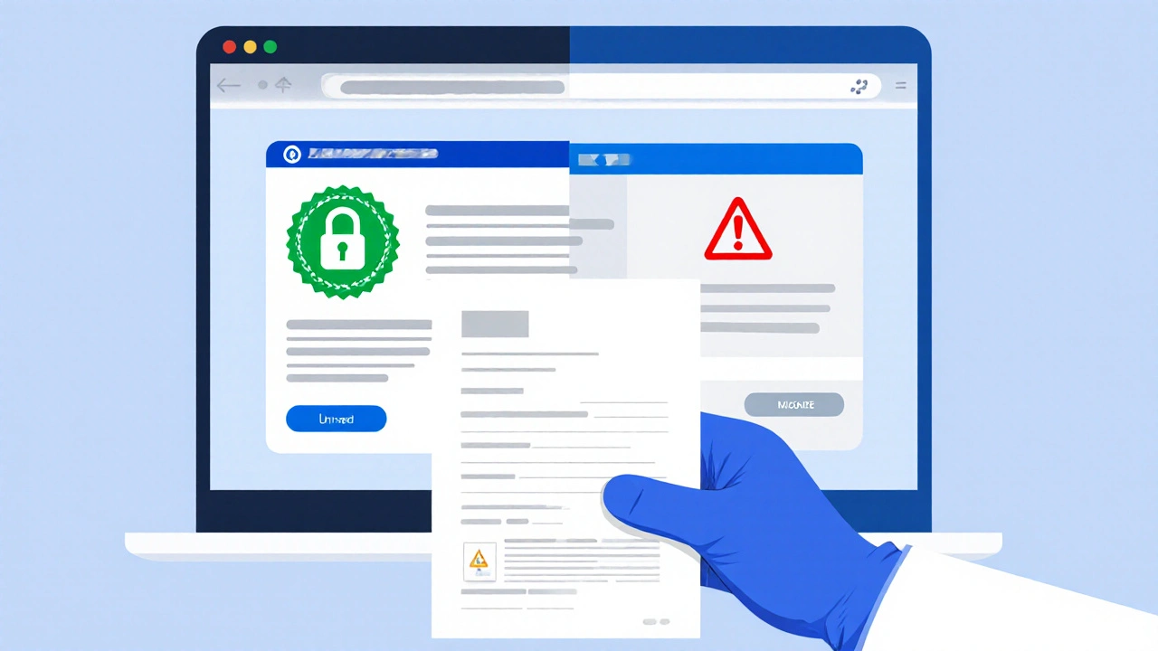 Split-screen illustration contrasting a secure pharmacy site with a green seal and a risky site with a broken lock.