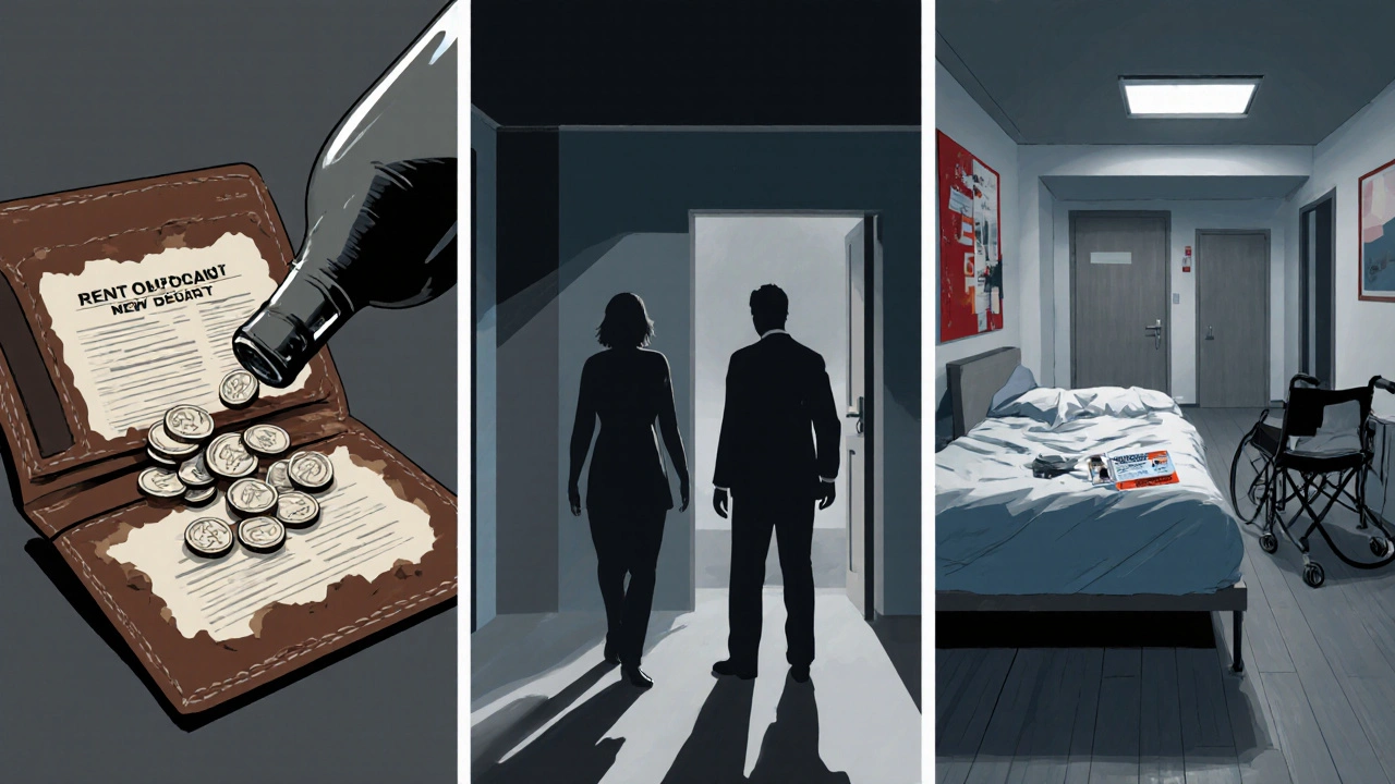 Three panels showing a wallet with rent notice, a broken home scene, and a hospital bed.