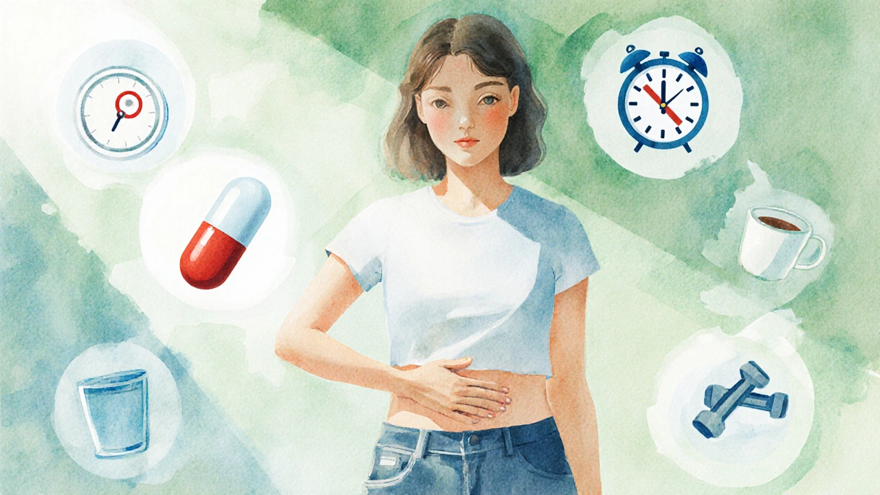 Woman doing pelvic‑floor exercise with icons of medication and healthy habits around her.