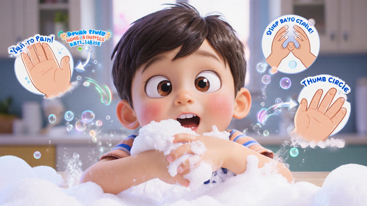 A child&#039;s hands performing the six-step handwashing technique with floating arrows and sparkling soap bubbles.