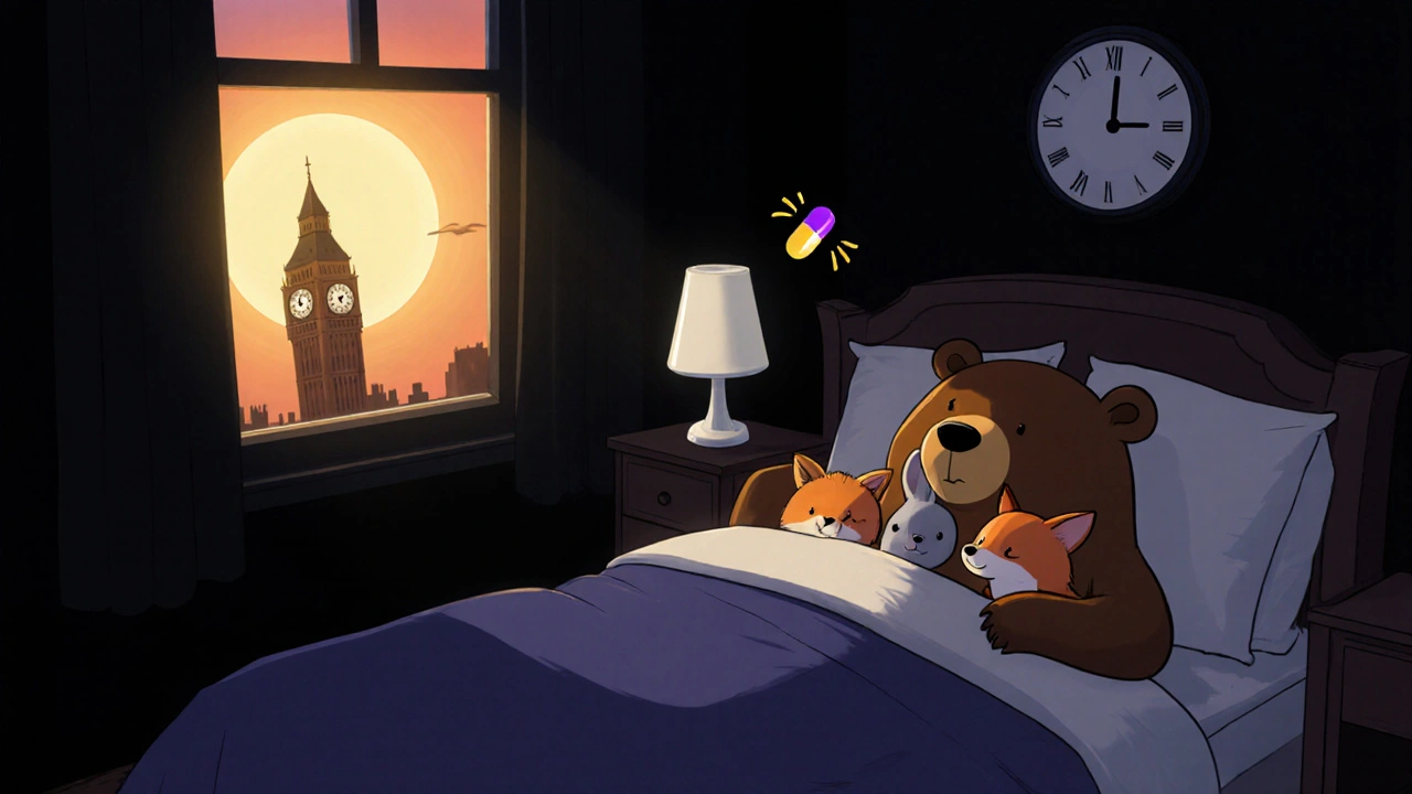A family of cartoon animals sleeping in a dark room as a glowing melatonin capsule floats toward the pillow at 3 a.m.
