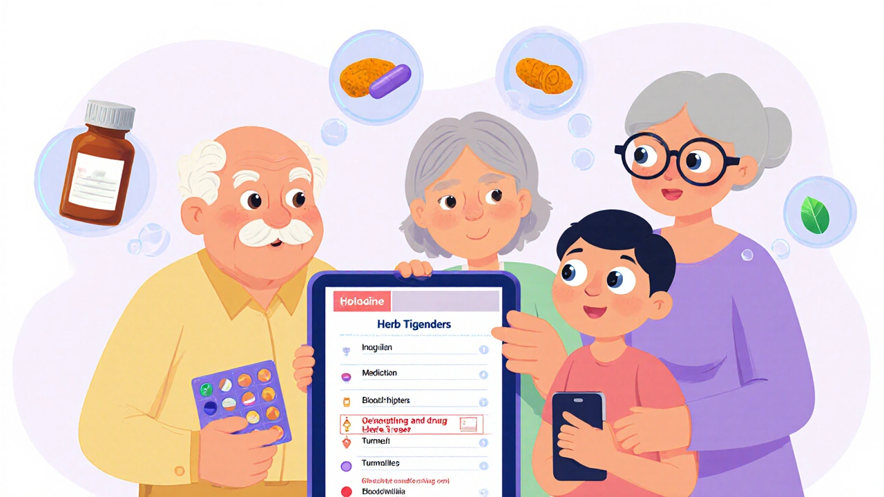 A family reviews a shared digital medication list with glowing warnings and pill organizers.