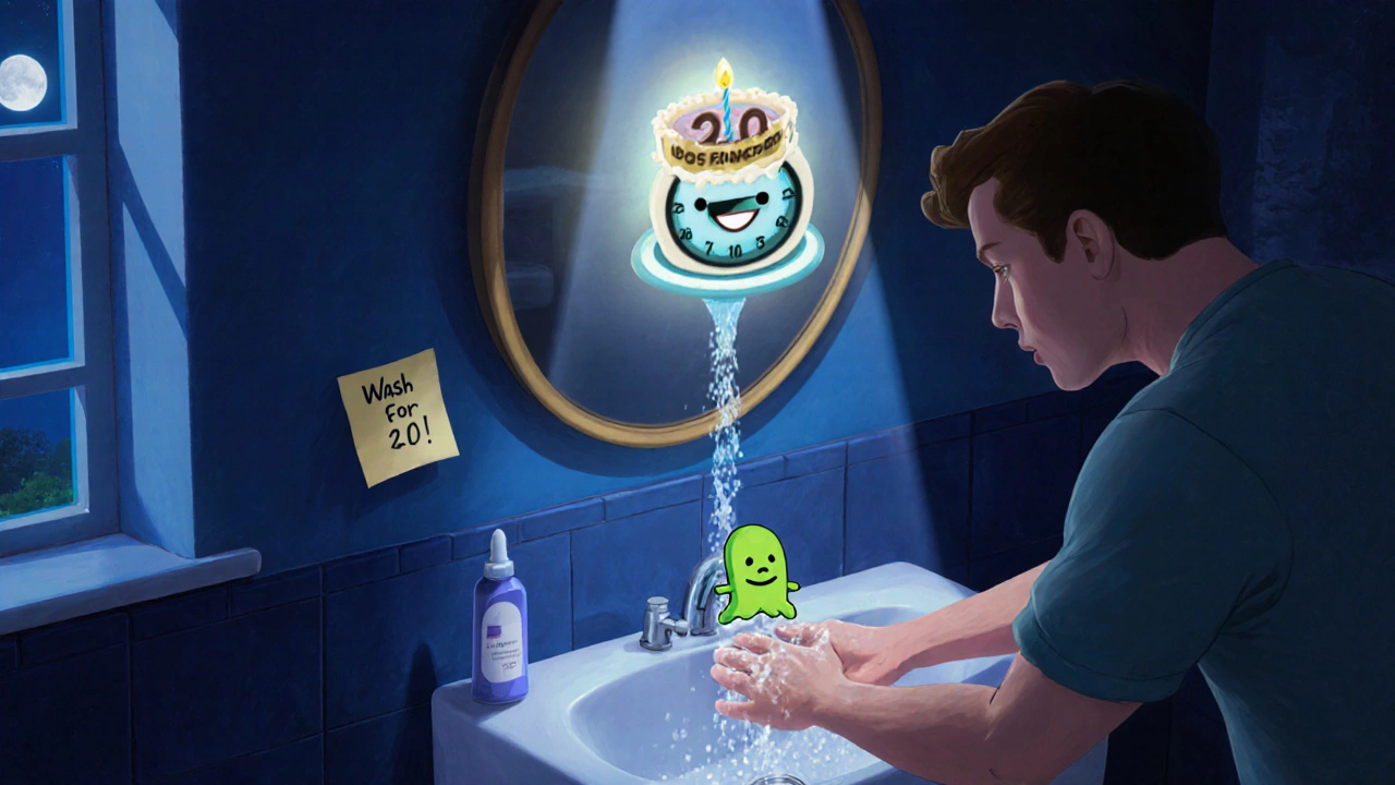 A glowing 20-second timer above a sink as a germ washes away, with moisturizer and a reminder note in the background.
