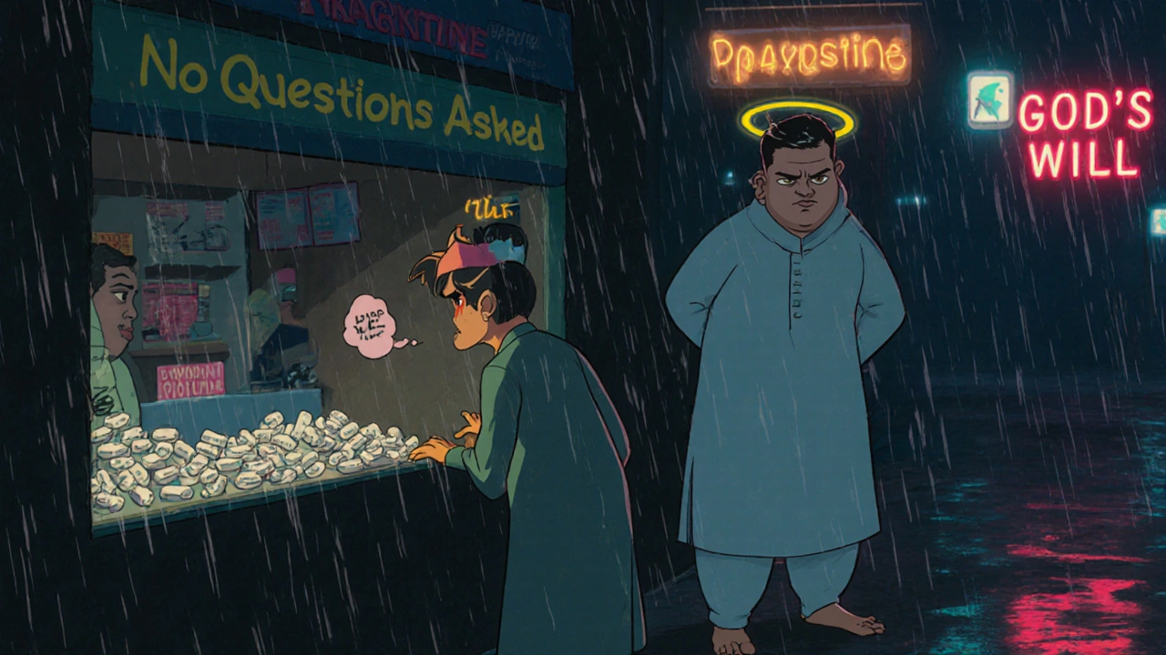 A man outside a pharmacy, looking longingly at dapoxetine pills while the pharmacist turns away.