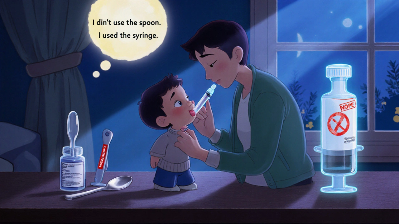 A parent carefully administering medicine with an oral syringe to a child at bedtime, syringe glowing softly.